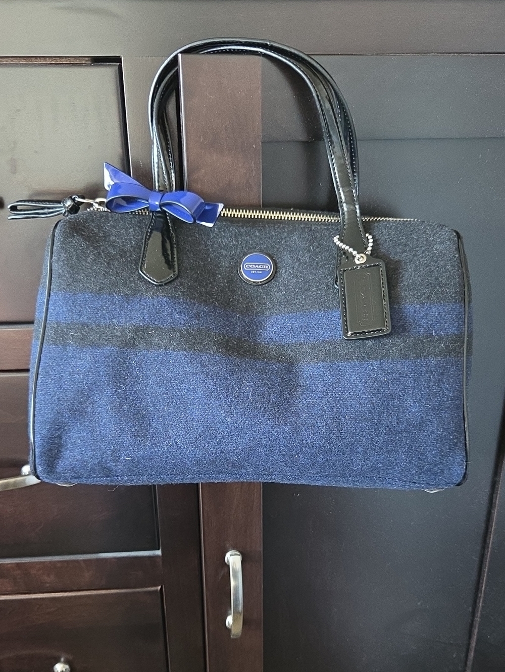 Coach Signature Stripe Wool Satchel in Charcoal & Cobalt Blue